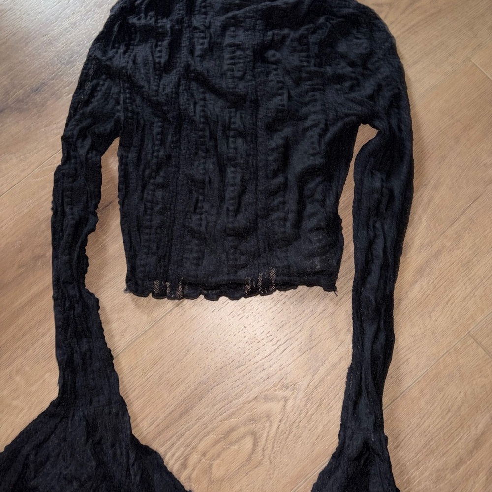 Black Long-Sleeve Sheer Textured Women's Top